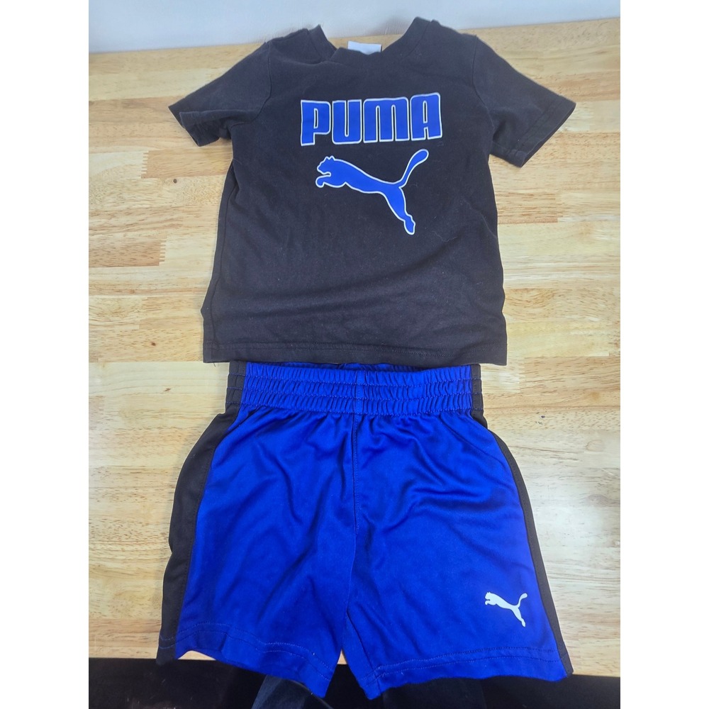 Puma Toddler 2T Matching Set – Black‎ Logo Tee + Blue Athletic Shorts